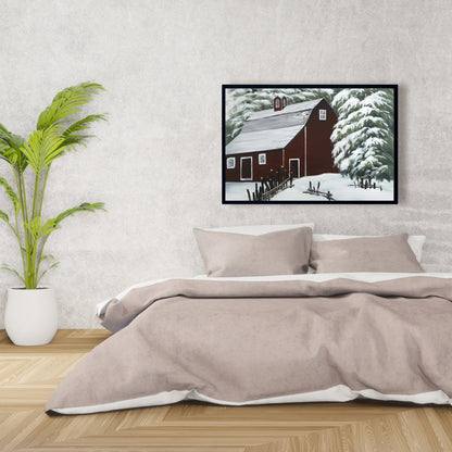 Red Barn in Snow Canvas | White Frame | Living Room Decor