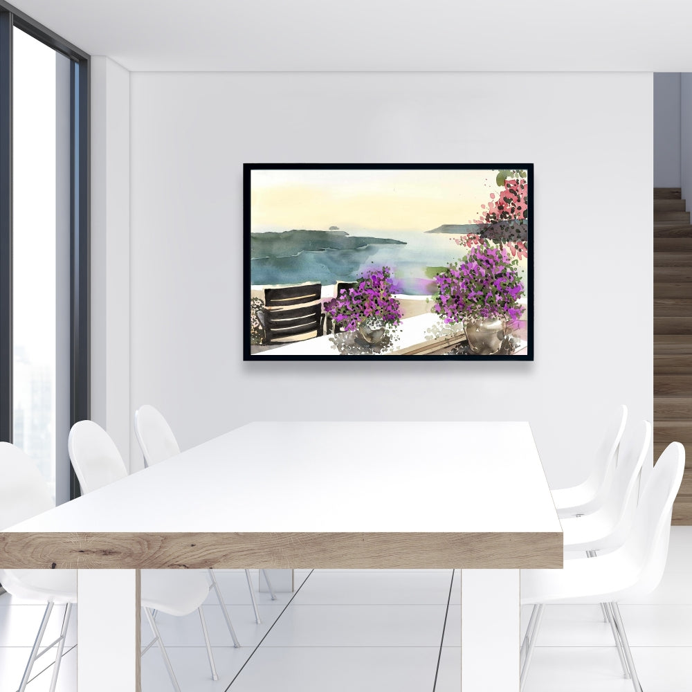 Botanical Blue Mediterranean Sea View Framed Canvas Decor