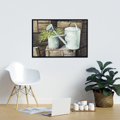 Arrosoir vintage | Toile décorative avec nature morte de fleurs marron