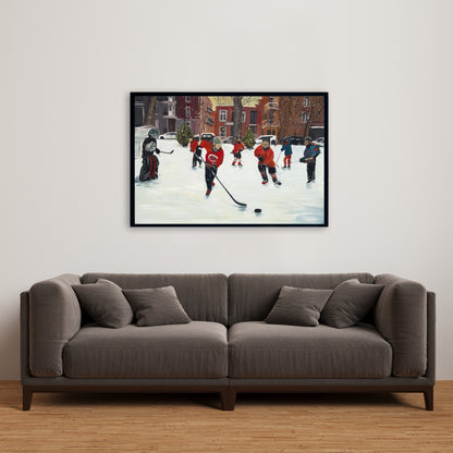 Toile encadrée marron représentant de jeunes joueurs de hockey