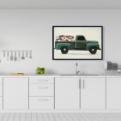 Toile botanique verte avec camion de ferme fleuri | Décoration d'intérieur