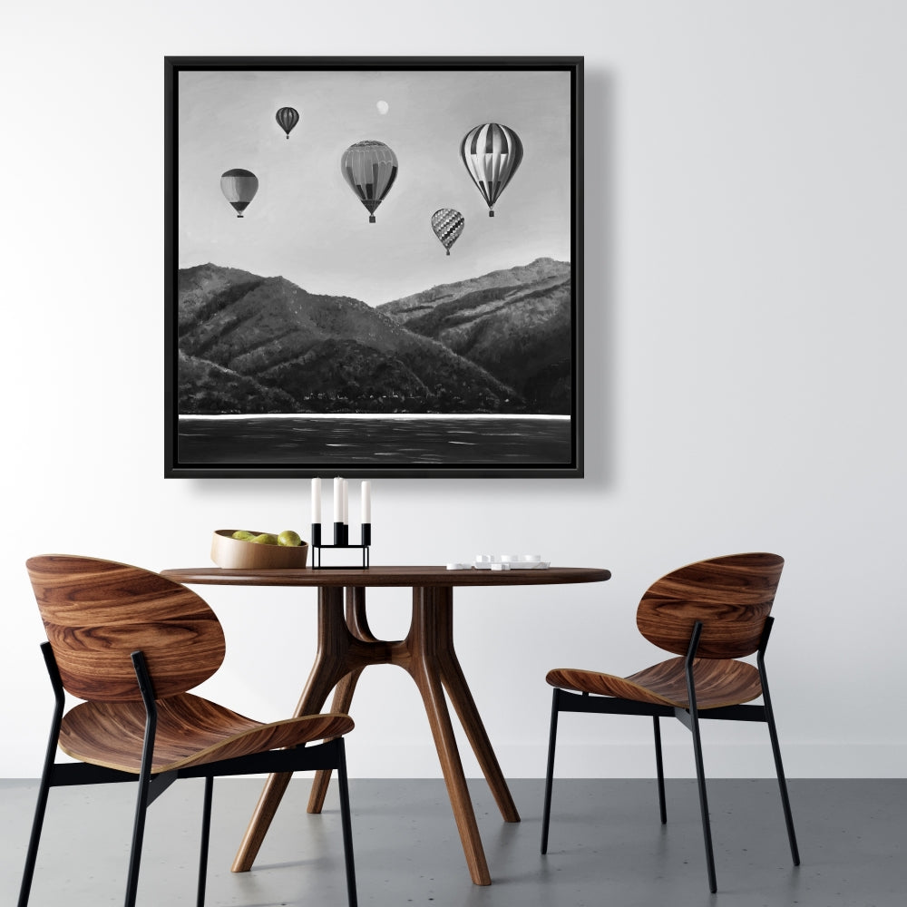Paysage de montgolfières | Toile grise monochrome | Décoration d'intérieur