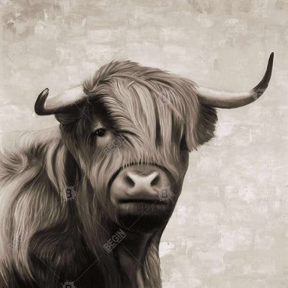 Highland Cattle Sepia Canvas - Beige Farm Animal Home Decor