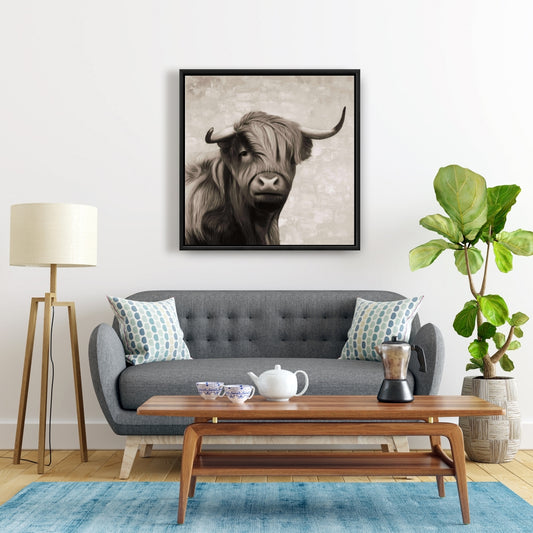 Toile encadrée sépia représentant un bétail des Highlands - Décoration d'intérieur beige
