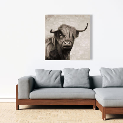 Highland Cattle Sepia Canvas - Beige Farm Animal Home Decor