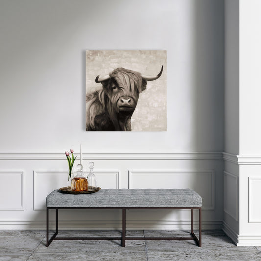 Highland Cattle Sepia Canvas - Beige Farm Animal Home Decor