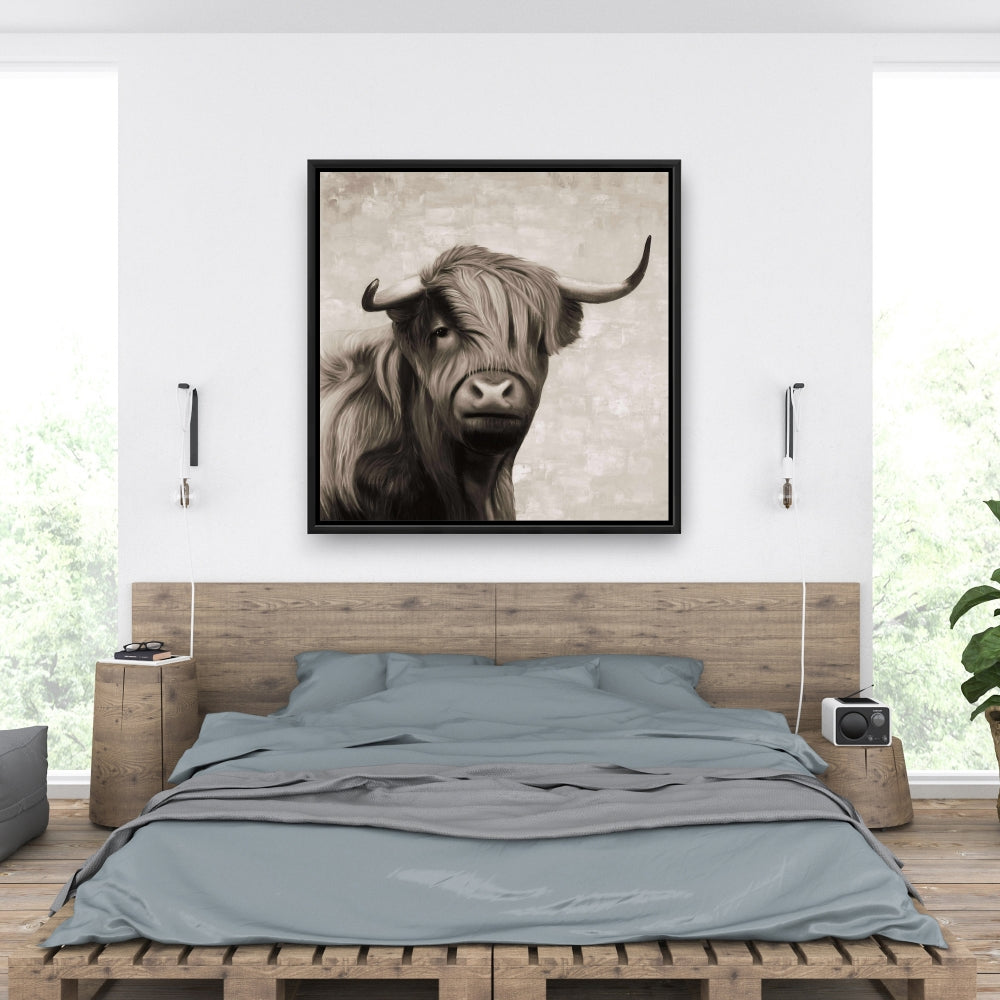 Toile encadrée sépia représentant un bétail des Highlands - Décoration d'intérieur beige