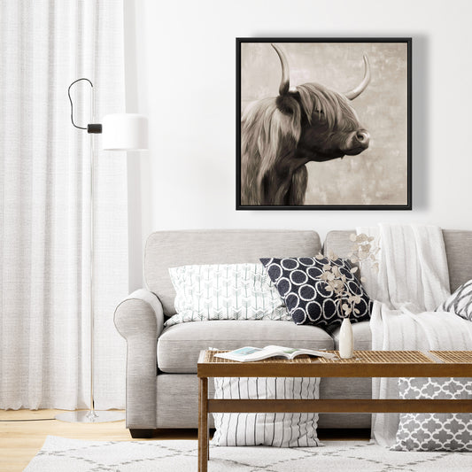 Magnifique toile sépia représentant un bétail des Highlands | Décoration de salle de bain rustique