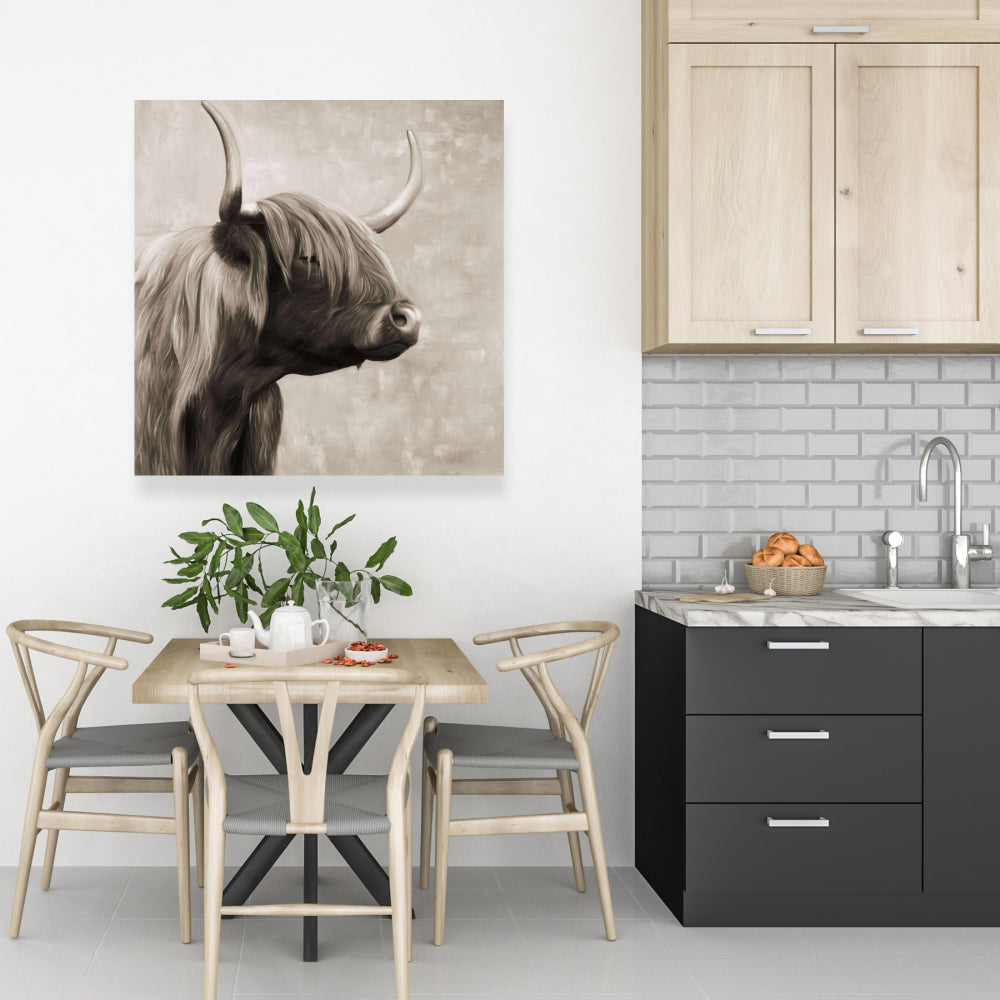 Magnifique toile sépia représentant un bétail des Highlands – Décoration d'animaux de la ferme