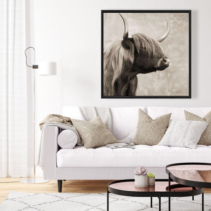 Magnifique toile sépia représentant un bétail des Highlands | Décoration de salle de bain rustique