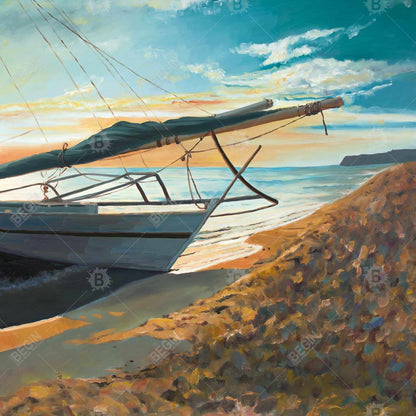 Décoration de salle de bain sur toile encadrée représentant un bateau côtier paisible