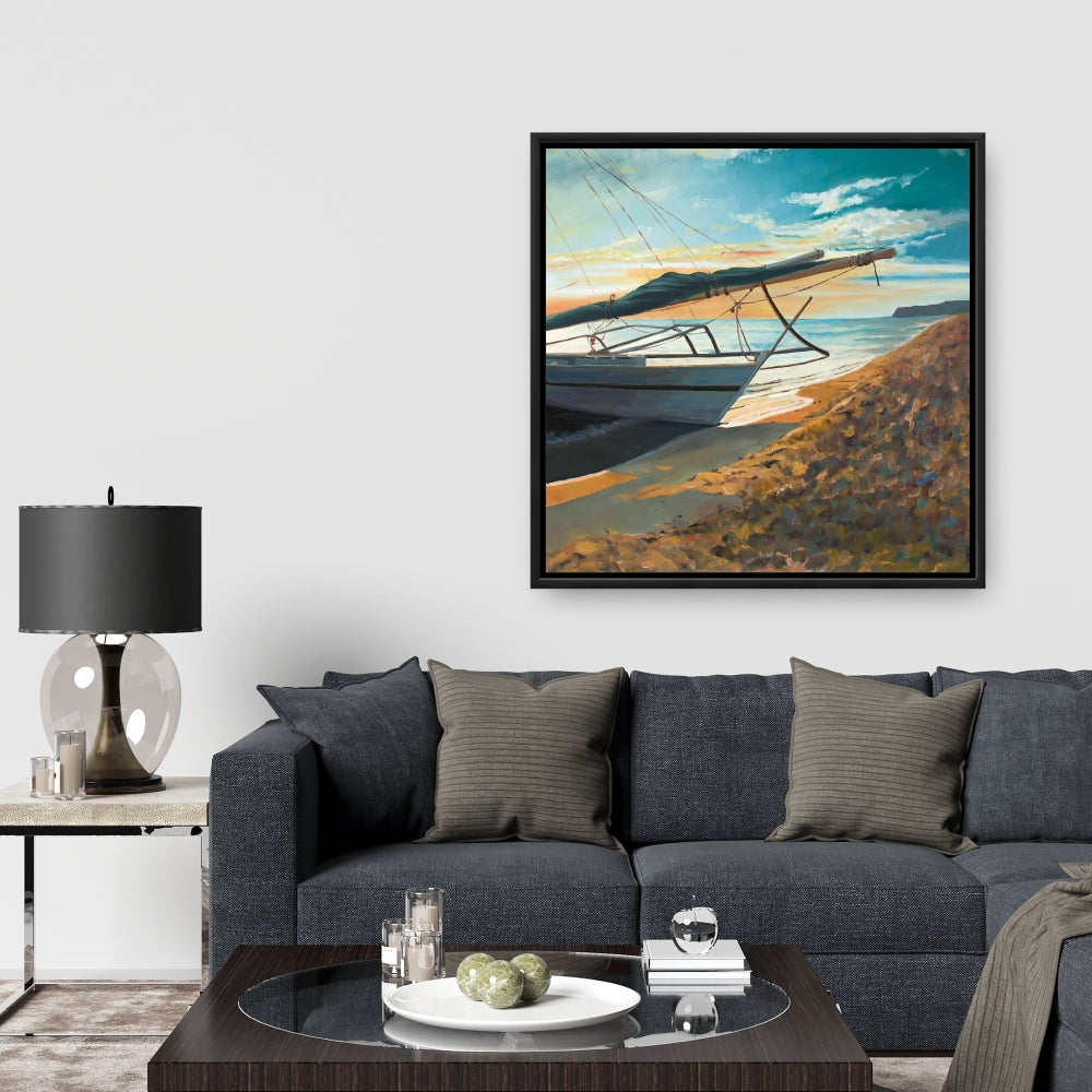 Décoration de salle de bain sur toile encadrée représentant un bateau côtier paisible