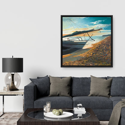 Décoration de salle de bain sur toile encadrée représentant un bateau côtier paisible