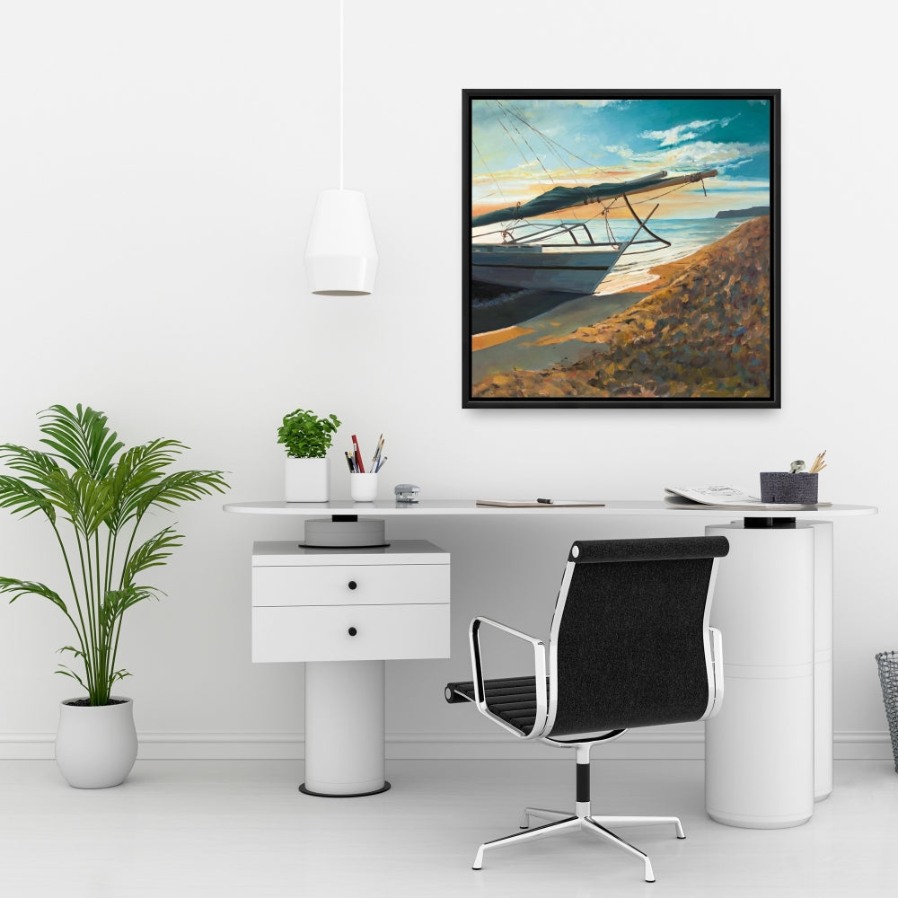 Décoration de salle de bain sur toile encadrée représentant un bateau côtier paisible