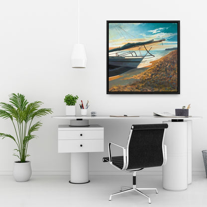 Décoration de salle de bain sur toile encadrée représentant un bateau côtier paisible