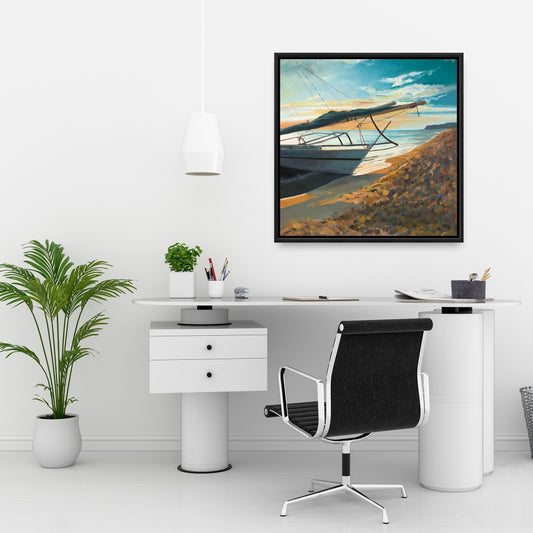 Décoration de salle de bain sur toile encadrée représentant un bateau côtier paisible