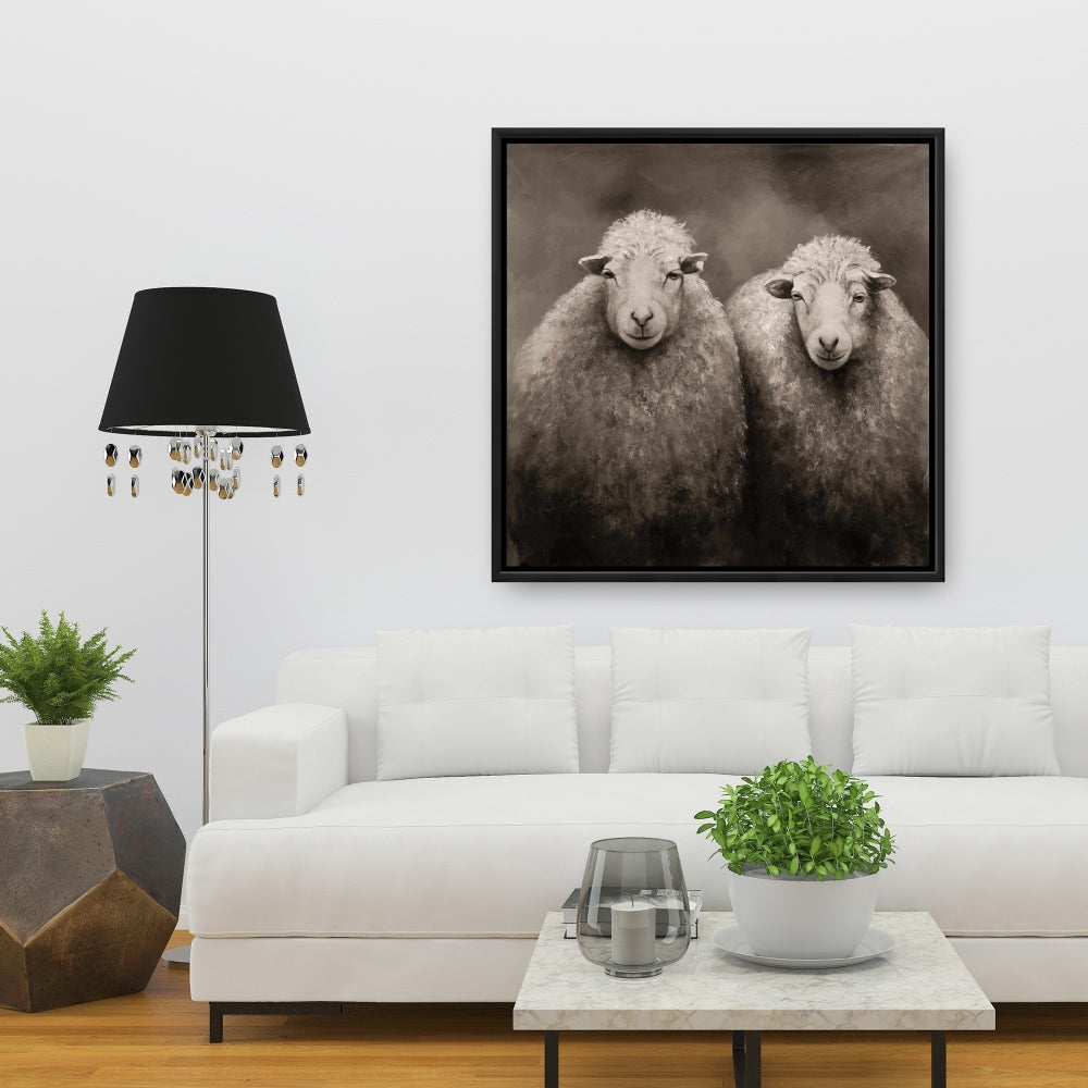 Toile sépia Mouton | Décoration d'intérieur encadrée avec animaux de la ferme rustique