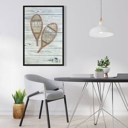 Toile encadrée rustique marron « Raquettes à neige » | Décoration d'intérieur enneigée