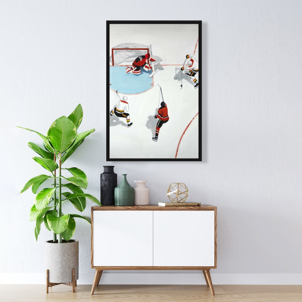 Toile « Match de hockey mouvementé » | Décoration pour homme | Cadre blanc