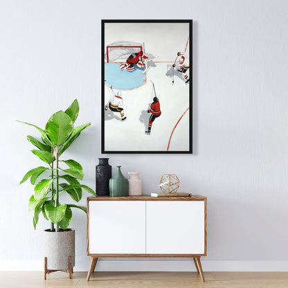 Toile « Match de hockey mouvementé » | Décoration pour homme | Cadre blanc