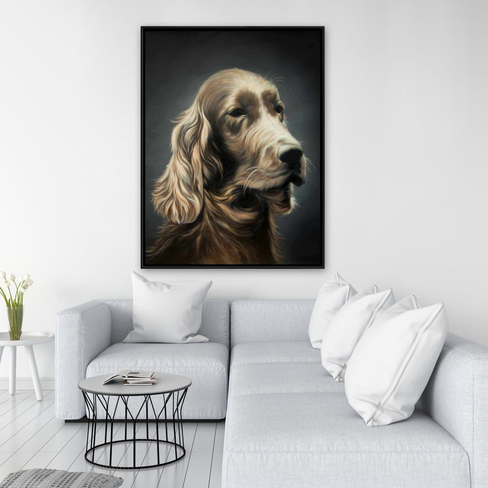 Toile d'épagneul des champs | Art animalier hyperréaliste avec cadre marron