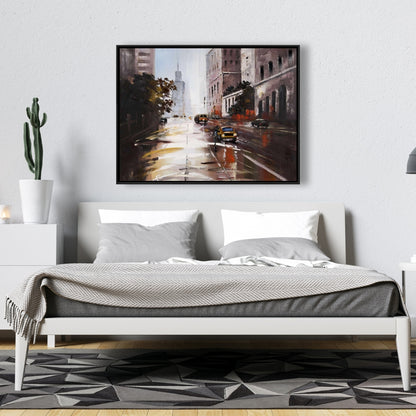 Toile « Scène de rue matinale » | Cadre marron | Décoration contemporaine