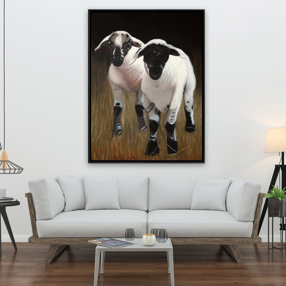 Toile encadrée Deux agneaux – Décoration de salon rustique avec animaux de la ferme