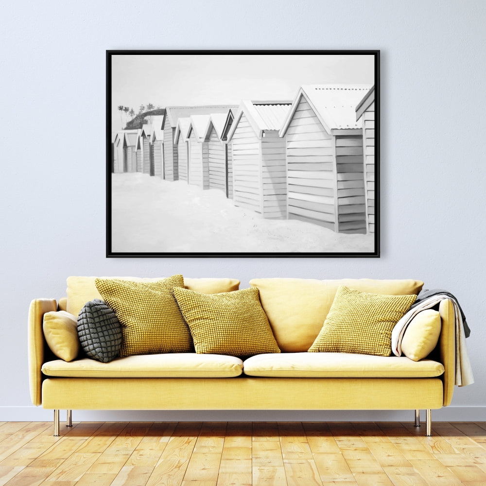 Beach Cabins Canvas | White Coastal Framed Bedroom Decor