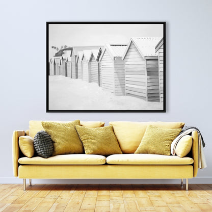 Beach Cabins Canvas | White Coastal Framed Bedroom Decor