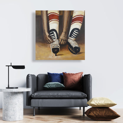 Brown Livingroom Canvas | Hockey Player Ties Skates Decor
