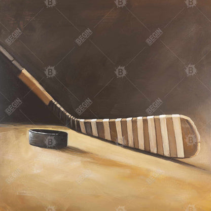 Toile encadrée représentant un bâton et une rondelle de hockey - Décoration d'intérieur sportive