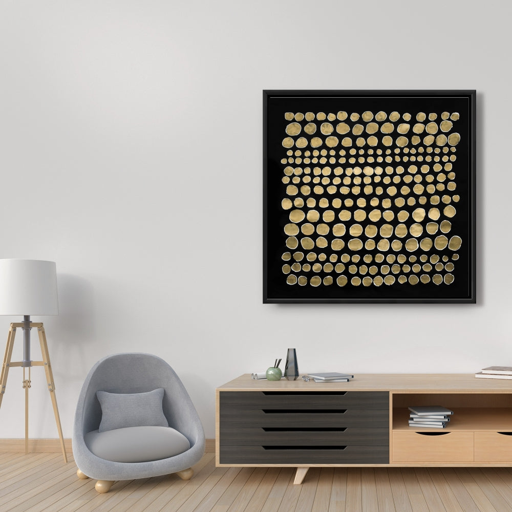 Black Abstract Dots on Gold Framed Canvas - Home Decor Art