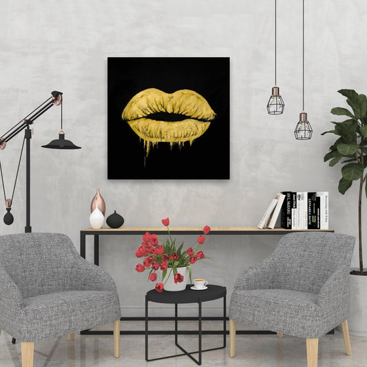 Golden Lips Black Canvas - Stylish Home Decor for Women