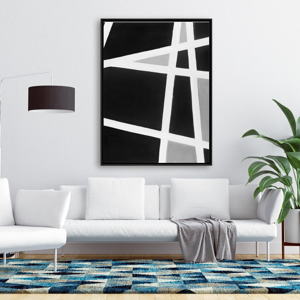 Shapes White Abstract Framed Canvas | Black and White Lines Decor