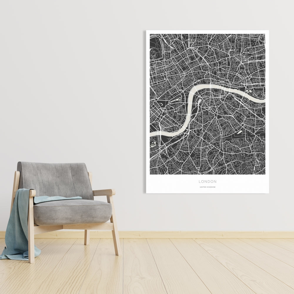 Carte graphique de Londres sur toile | Décoration de salon monochrome