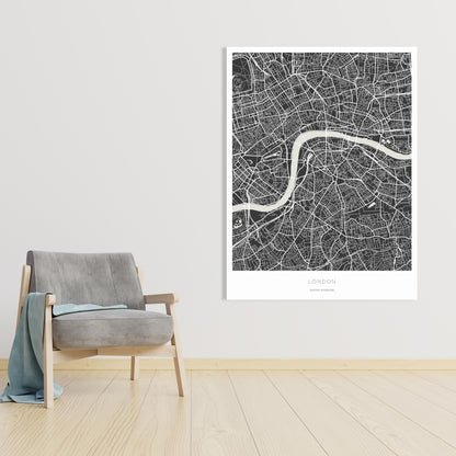 Carte graphique de Londres sur toile | Décoration de salon monochrome