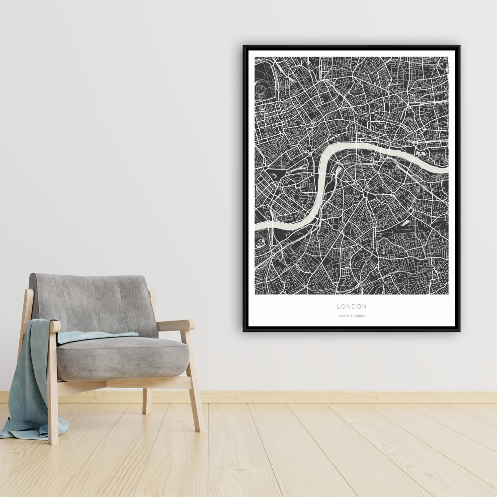 Carte graphique de Londres sur toile encadrée | Décoration d'intérieur monochrome