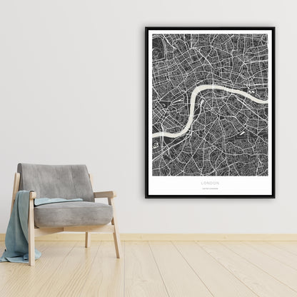 Carte graphique de Londres sur toile encadrée | Décoration d'intérieur monochrome