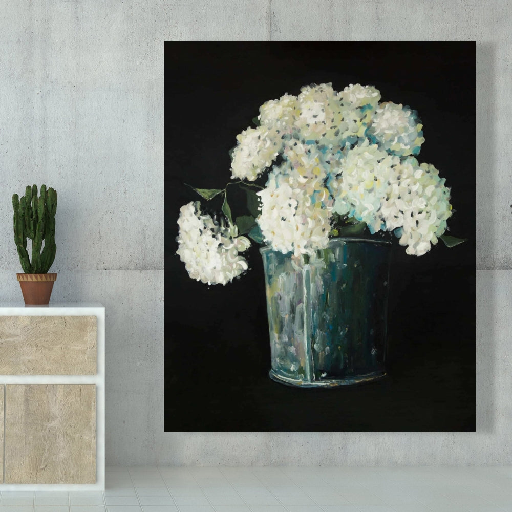 Toile Fleurs d'hortensia blanches | Décoration de chambre rustique noire