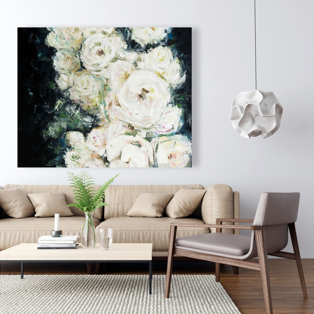 Garden Roses Botanical White Floral Canvas - Home Decor Art