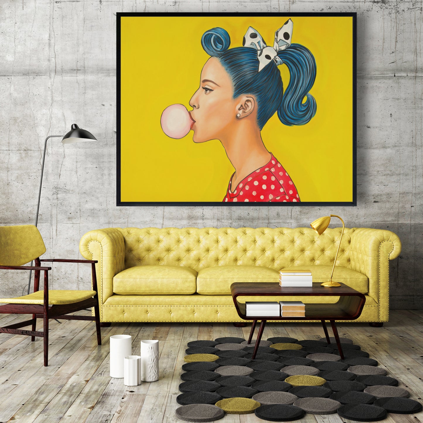 Retro Woman Ponytail Canvas - Blue Figurative Framed Art