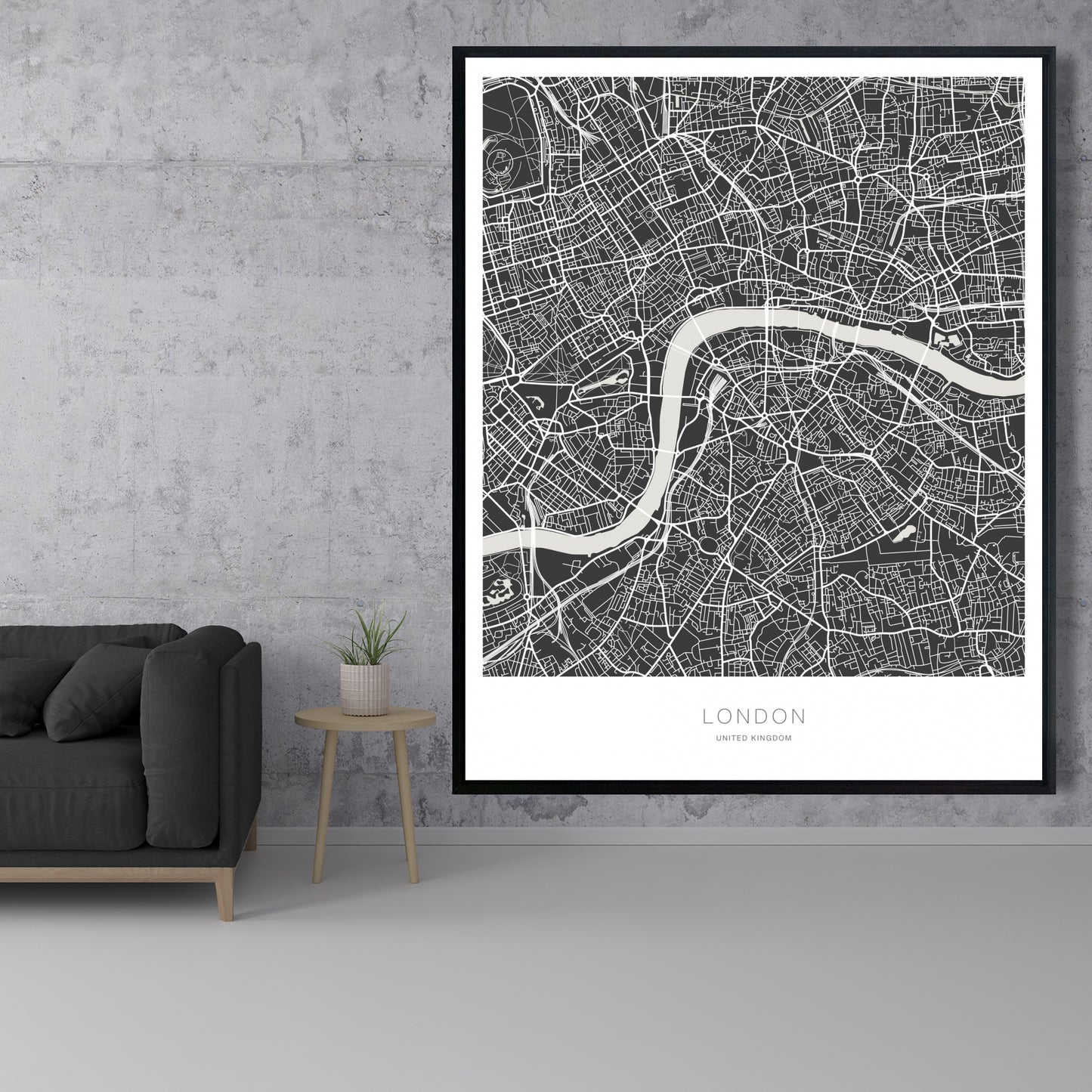 Carte graphique de Londres sur toile encadrée | Décoration d'intérieur monochrome