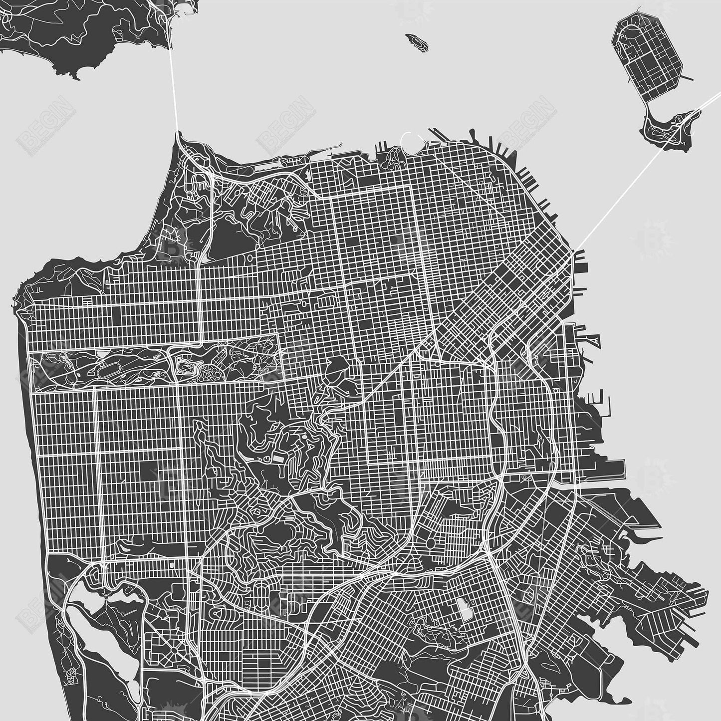 Carte de San Francisco sur toile | Cadre gris industriel pour décoration d'intérieur