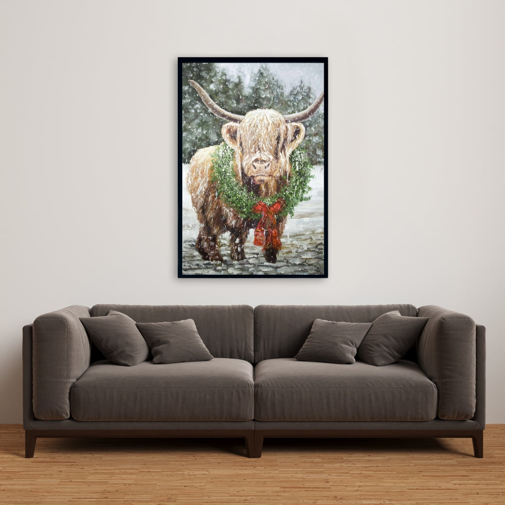 Décoration de cuisine blanche en toile représentant une vache de Noël des Highlands