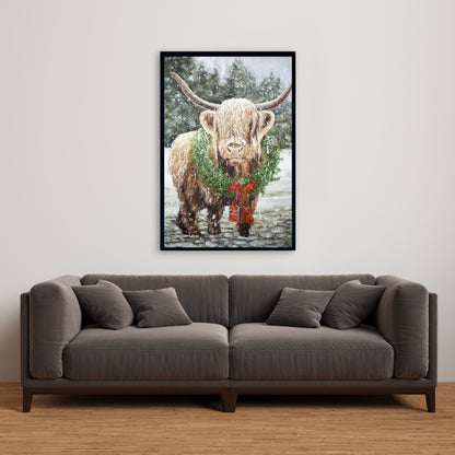 Décoration de cuisine blanche en toile représentant une vache de Noël des Highlands