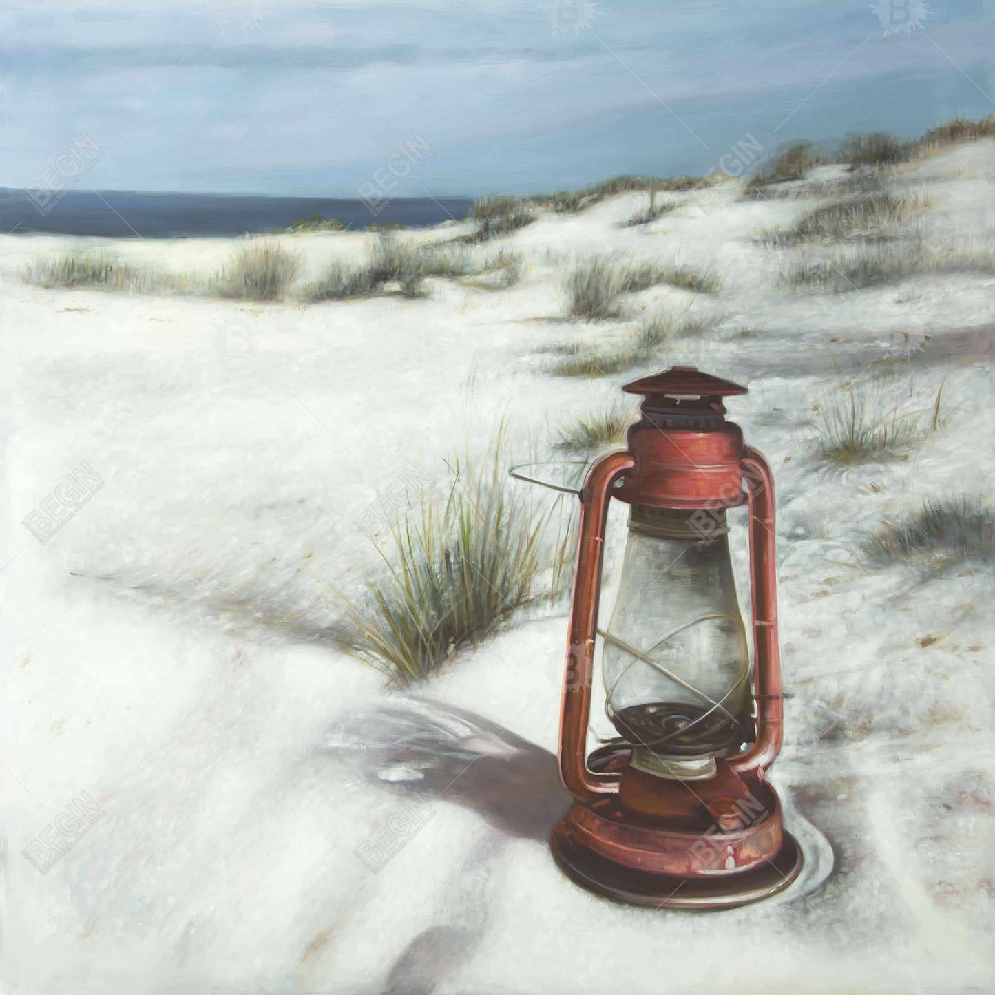 Lantern on the Beach | Red Framed Canvas Art for Home Decor