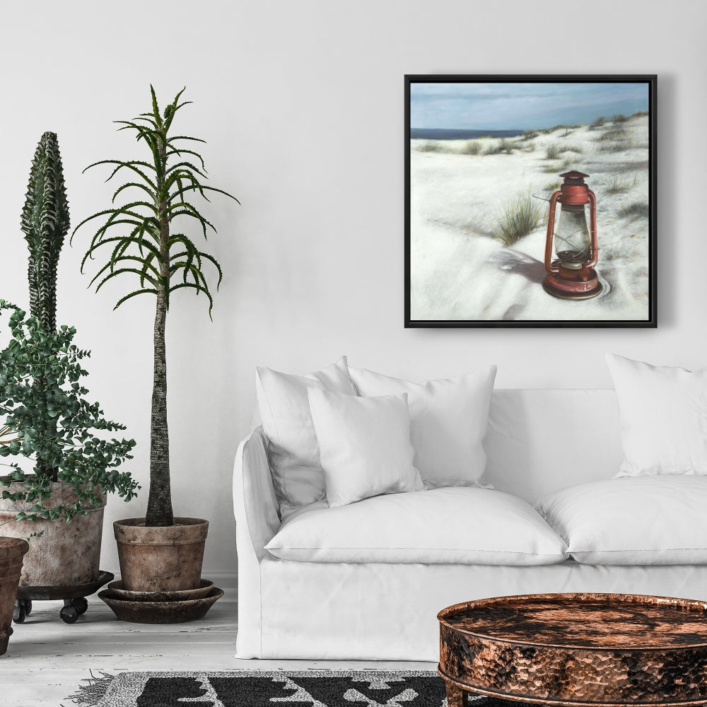 Lantern on the Beach | Red Framed Canvas Art for Home Decor