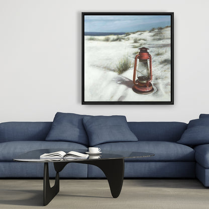 Lantern on the Beach | Red Framed Canvas Art for Home Decor