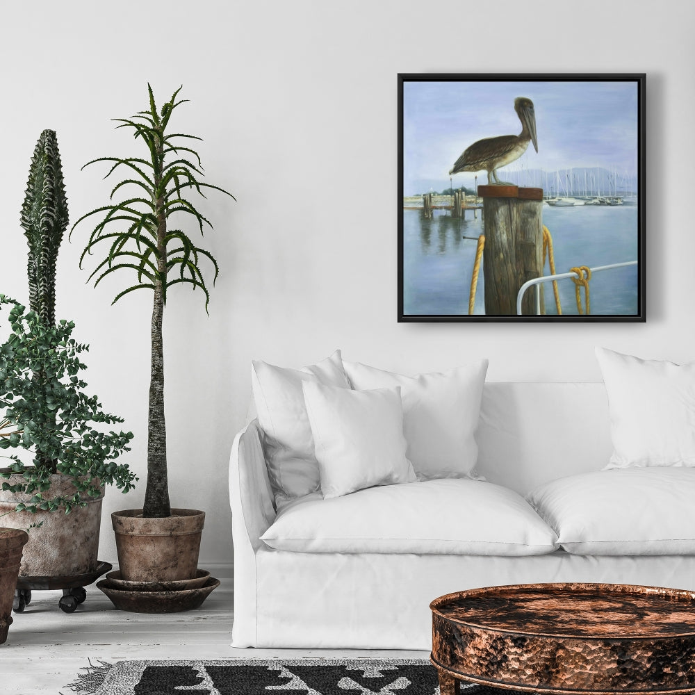 Blue Pelican Framed Canvas | Animals Bathroom Decor Wall Art