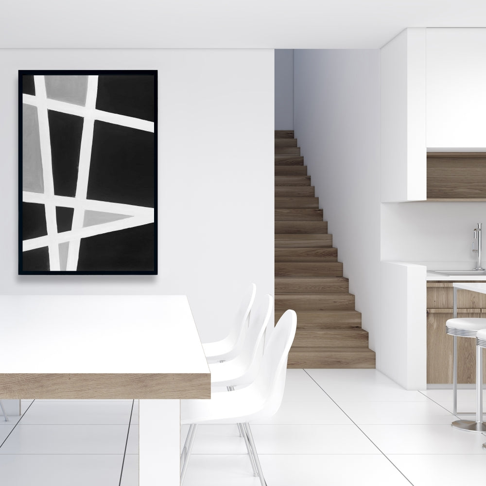 Shapes White Abstract Framed Canvas | Black and White Lines Decor